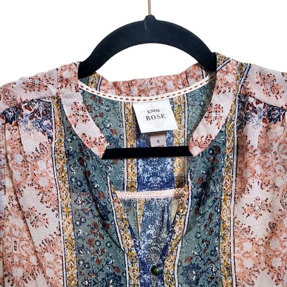 Knox Rose Womens Bohemian Pink/Green Top Size Small Earthy Semi-Sheer Tie-Front - Picture 3 of 13